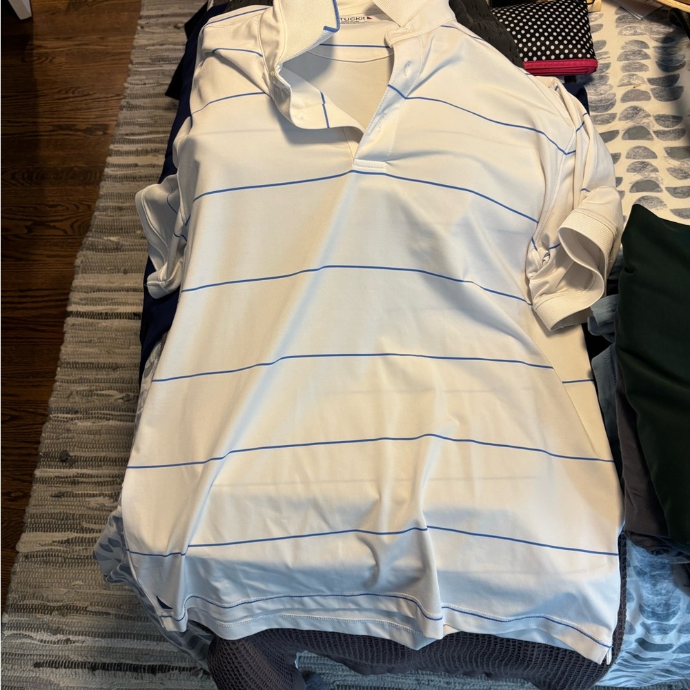 UNTUCKit White Polo with Blue stripes